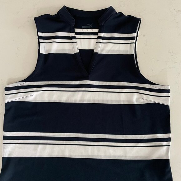 Puma W Cloudspun V Stripe Sleeveless Mandarin Collar Polo Top Navy + White Sz XS - Picture 2 of 9
